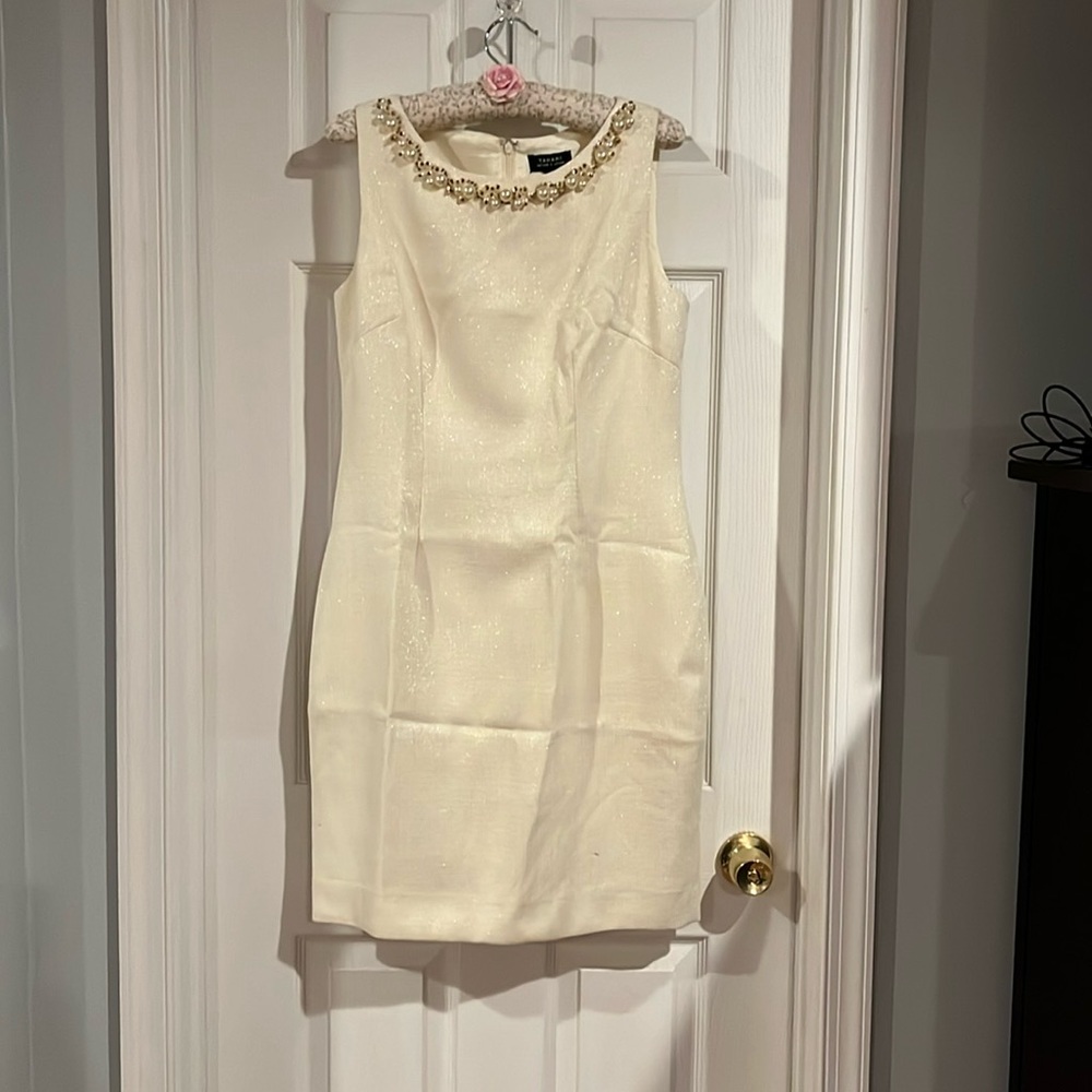 Tahari Cream Dress with pearl and gold beading.